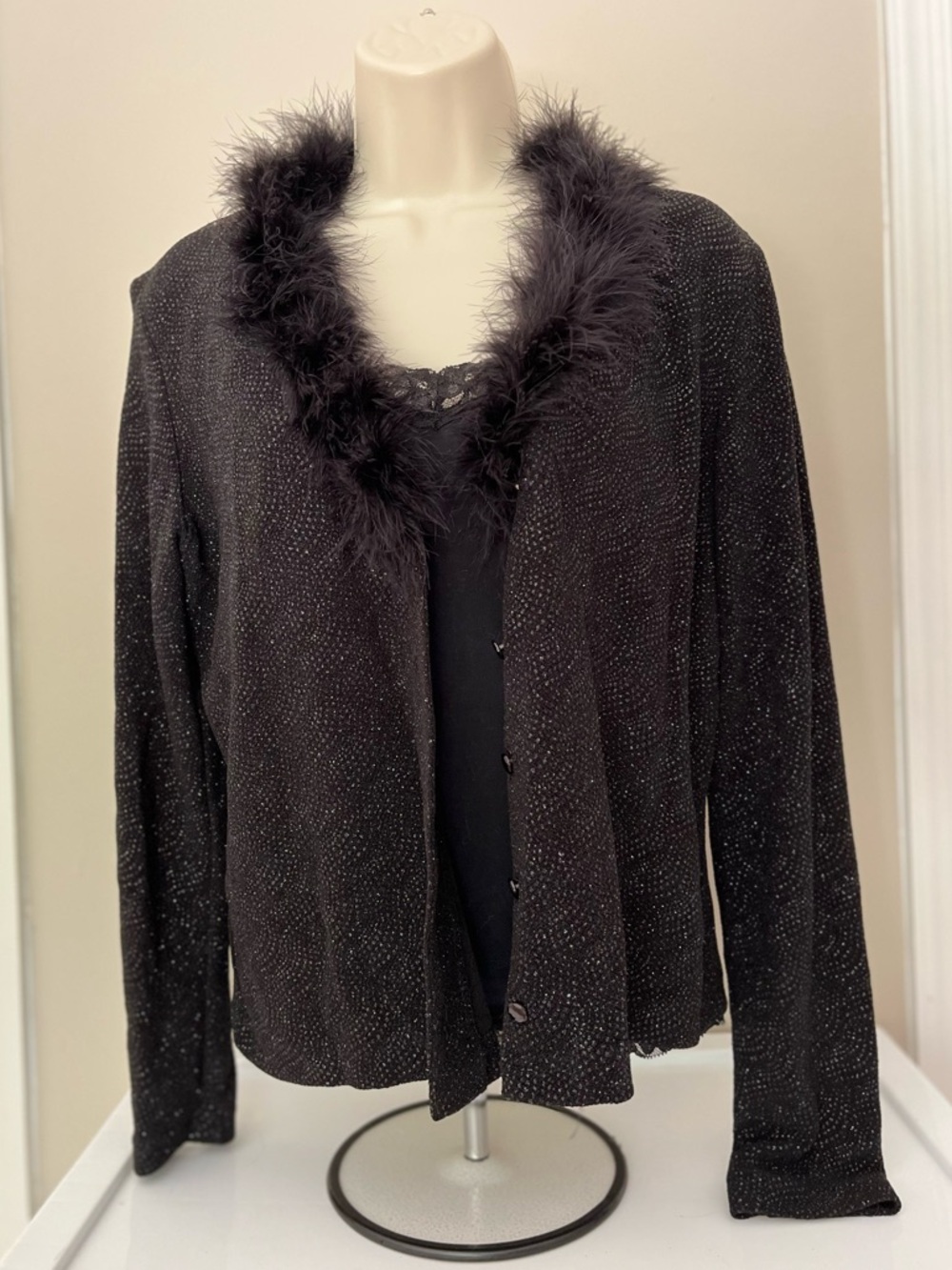 Vintage Black Feather-Trim Evening Sweater